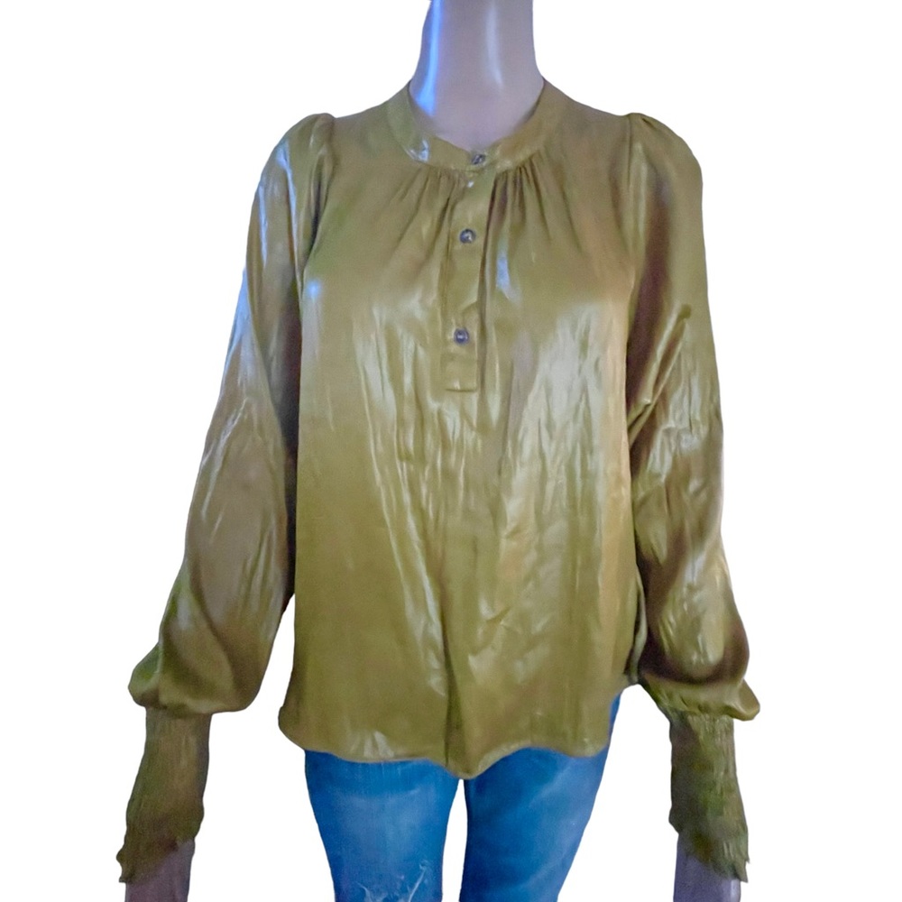 Current Air Metallic Buttoned Collar Smocked Slee… - image 2